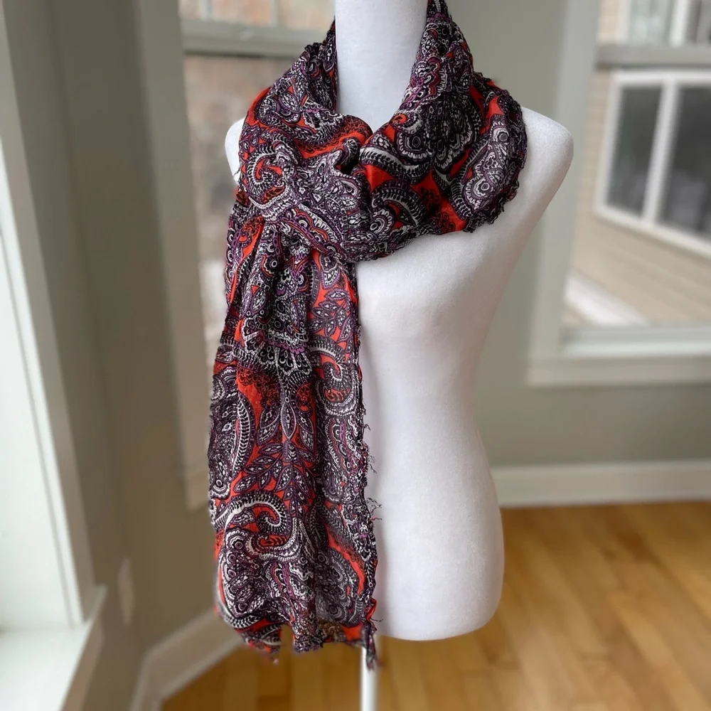 The Limited Violet Orange White Paisley Print Sheer Fringe Wrap Scarf